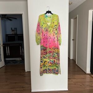 Vibrant Lime & Pink Ombre Maxi Dress,bidet and 100% silk